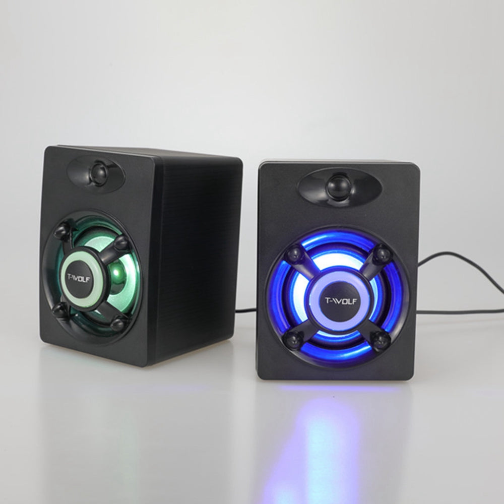 T-WOLF S1 1Pair Desktop Speaker with LED Light USB Powered Mini Speaker External Sound Amp for Laptop Computer