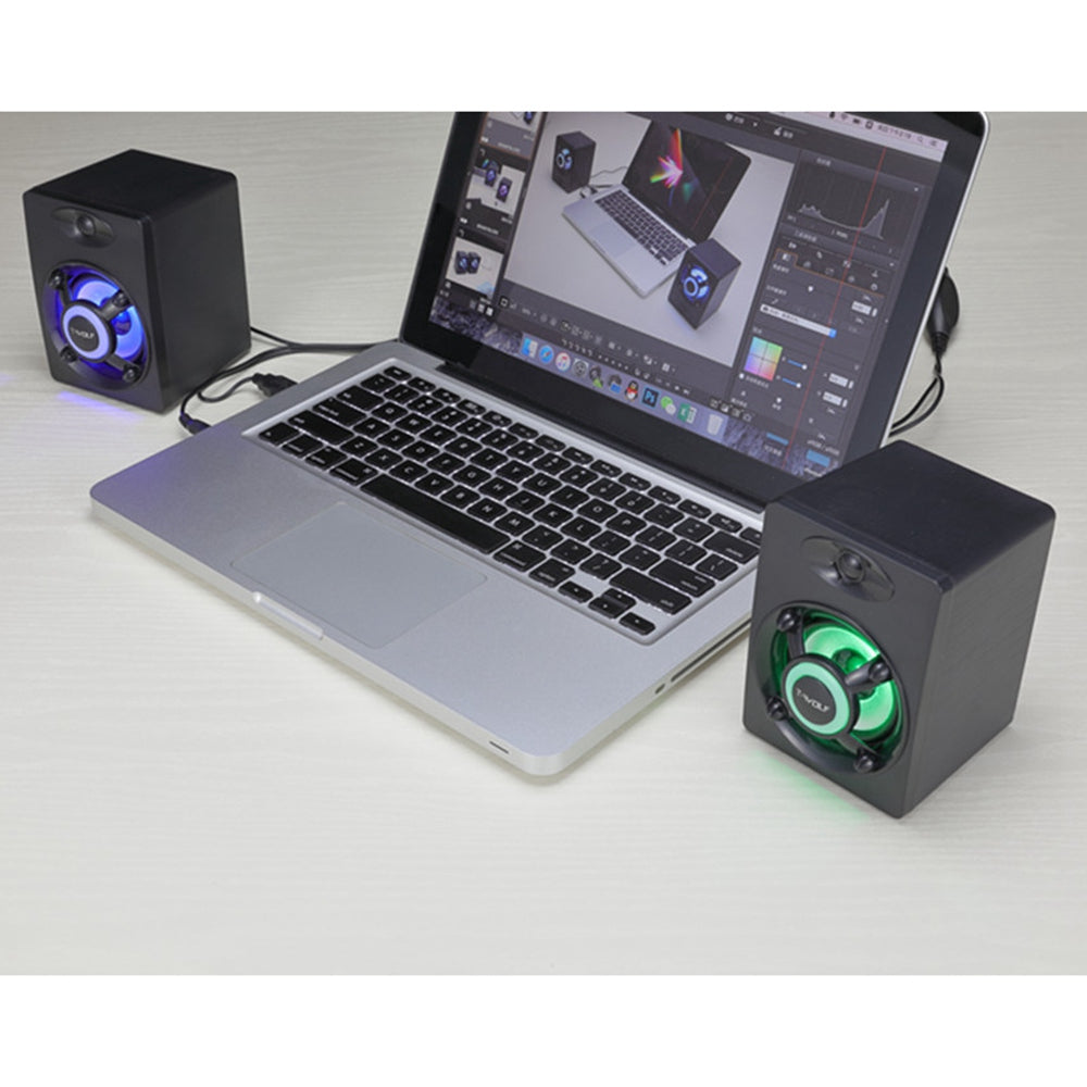 T-WOLF S1 1Pair Desktop Speaker with LED Light USB Powered Mini Speaker External Sound Amp for Laptop Computer