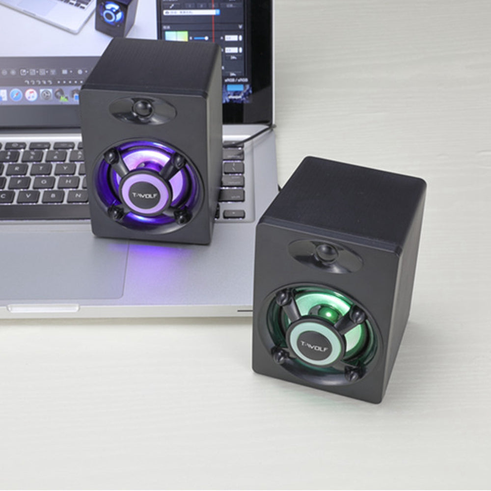 T-WOLF S1 1Pair Desktop Speaker with LED Light USB Powered Mini Speaker External Sound Amp for Laptop Computer