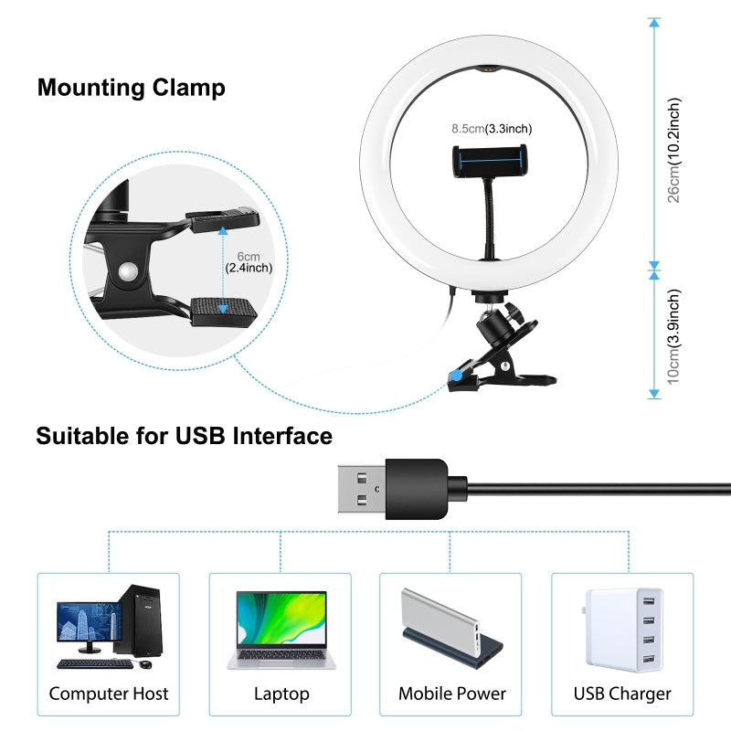 PULUZ PKT3126B LED Ring Light Kit 10.2 Inches 26cm Video Conference Lighting 3 Dimmable Color 10 Brightness Level for Camera Smartphone YouTube TikTok Self-Portrait