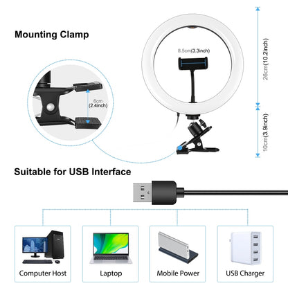 PULUZ PKT3126B LED Ring Light Kit 10.2 Inches 26cm Video Conference Lighting 3 Dimmable Color 10 Brightness Level for Camera Smartphone YouTube TikTok Self-Portrait