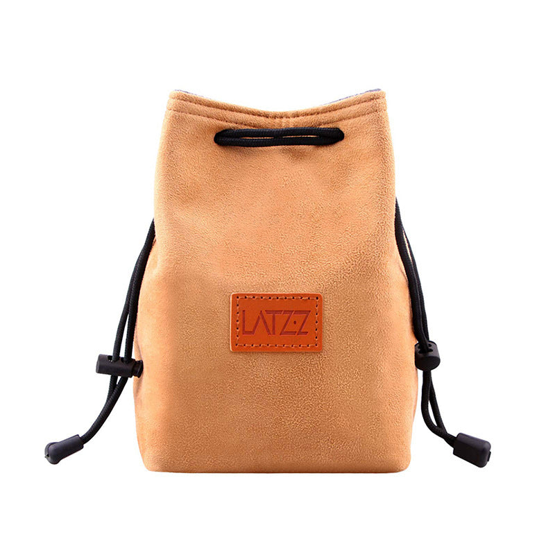 LATZZ Polar Fleece Lined Lens Daypack Vintage Faux Suede Camera Drawstring Bag Travel DSLR Camera Bag, Size L