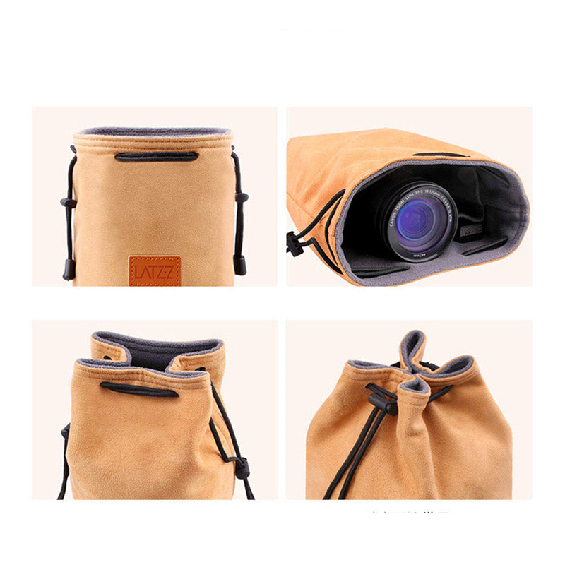 LATZZ Polar Fleece Lined Lens Daypack Vintage Faux Suede Camera Drawstring Bag Travel DSLR Camera Bag, Size L