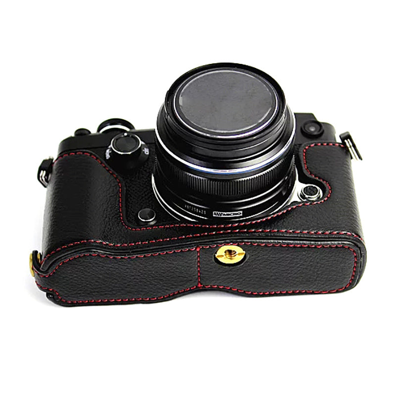 For Olympus PEN-F Genuine Leather Camera Case Bottom Opening Design Protective Half Body Cover