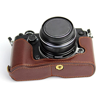 For Olympus PEN-F Genuine Leather Camera Case Bottom Opening Design Protective Half Body Cover