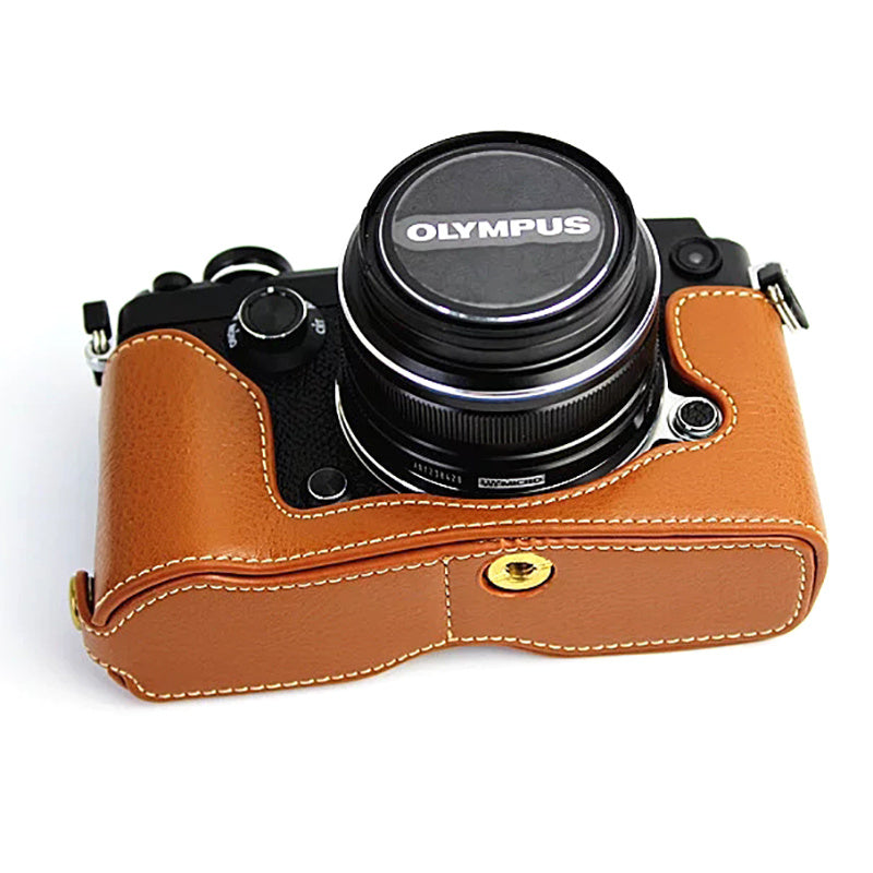 For Olympus PEN-F Genuine Leather Camera Case Bottom Opening Design Protective Half Body Cover