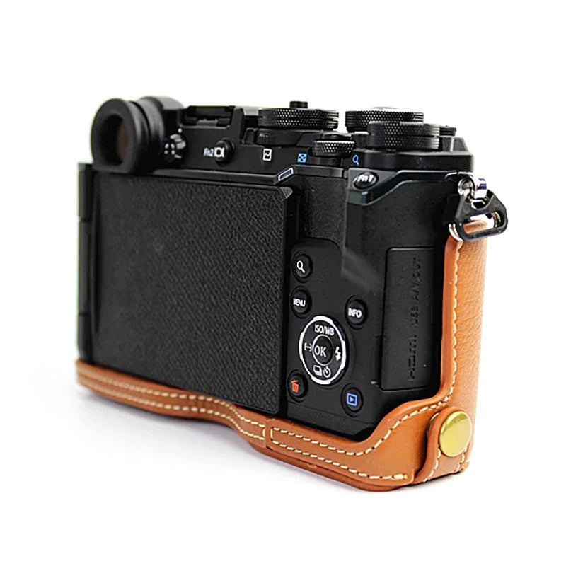 For Olympus PEN-F Genuine Leather Camera Case Bottom Opening Design Protective Half Body Cover