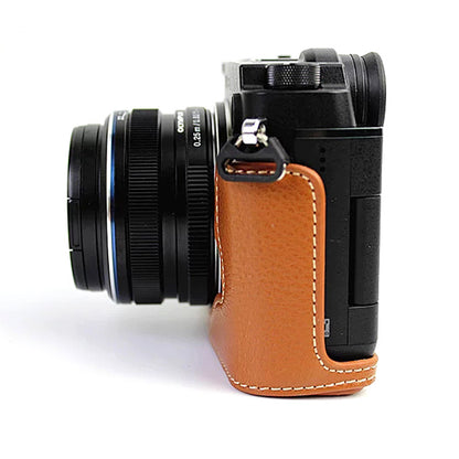 For Olympus PEN-F Genuine Leather Camera Case Bottom Opening Design Protective Half Body Cover