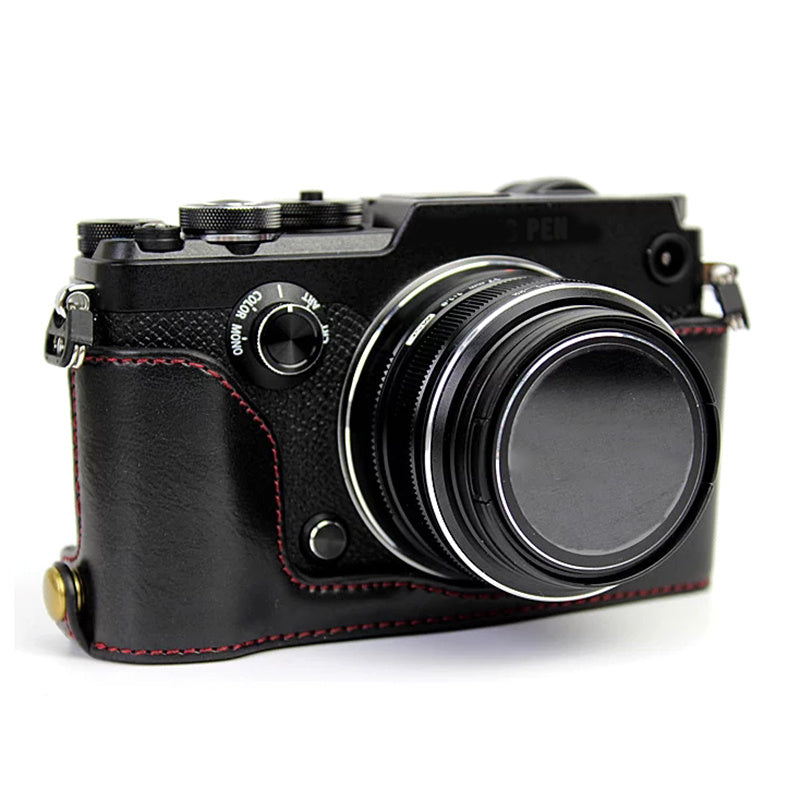 For Olympus PEN-F Digital Camera PU Leather Protective Case Half Body Cover with Bottom Opening