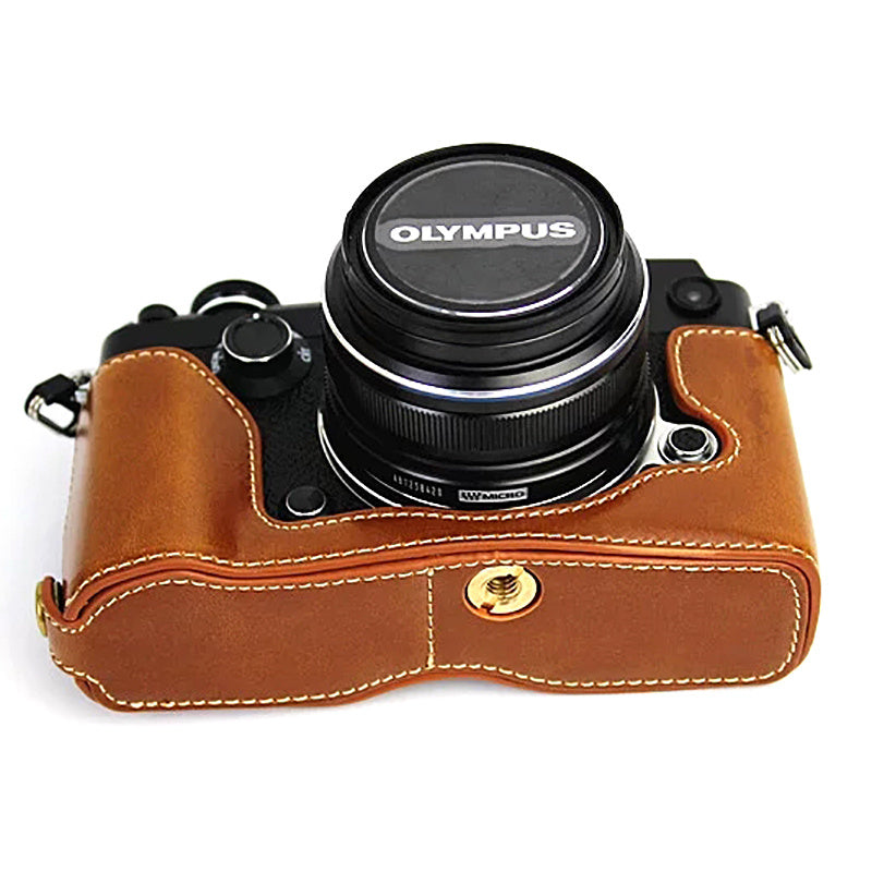 For Olympus PEN-F Digital Camera PU Leather Protective Case Half Body Cover with Bottom Opening