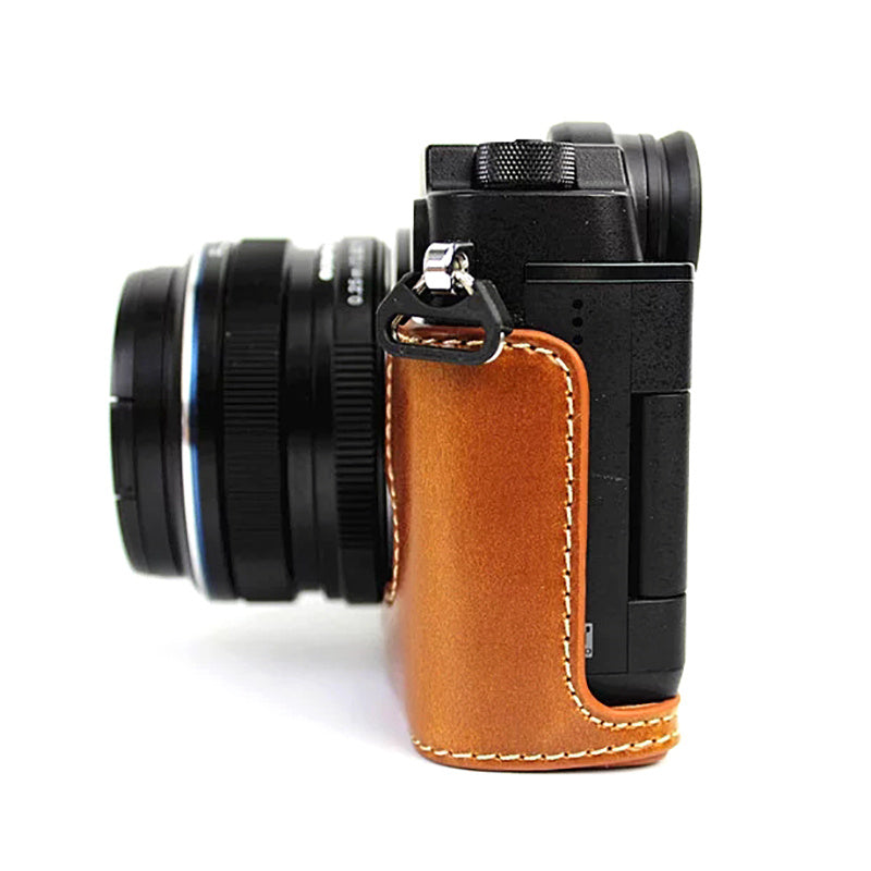 For Olympus PEN-F Digital Camera PU Leather Protective Case Half Body Cover with Bottom Opening