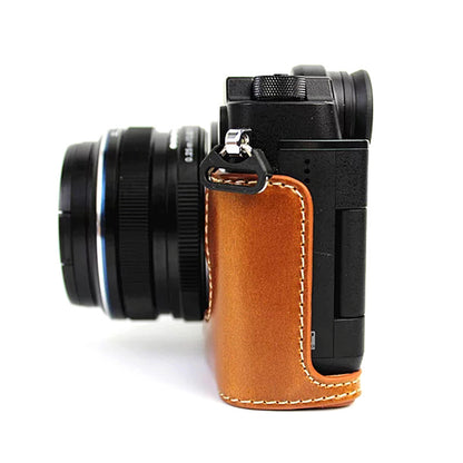 For Olympus PEN-F Digital Camera PU Leather Protective Case Half Body Cover with Bottom Opening