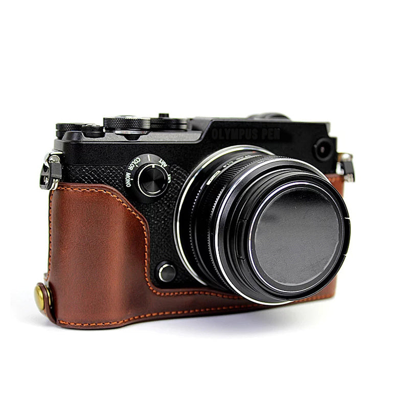 For Olympus PEN-F Digital Camera PU Leather Protective Case Half Body Cover with Bottom Opening