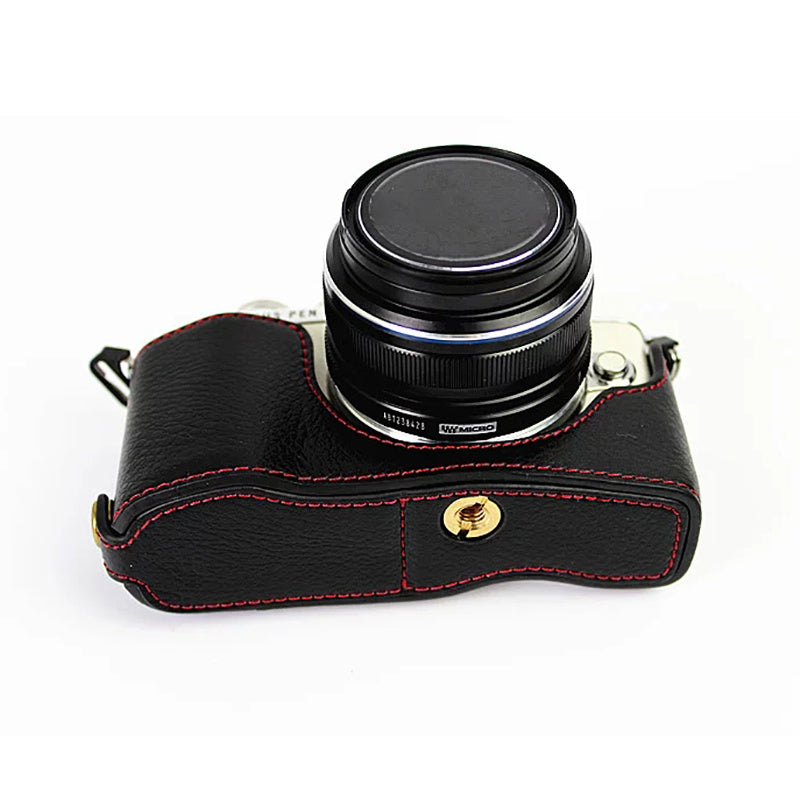 For Olympus E-PL7/PL8/PL9 Genuine Leather Camera Case Half Body Protective Cover with Bottom Opening