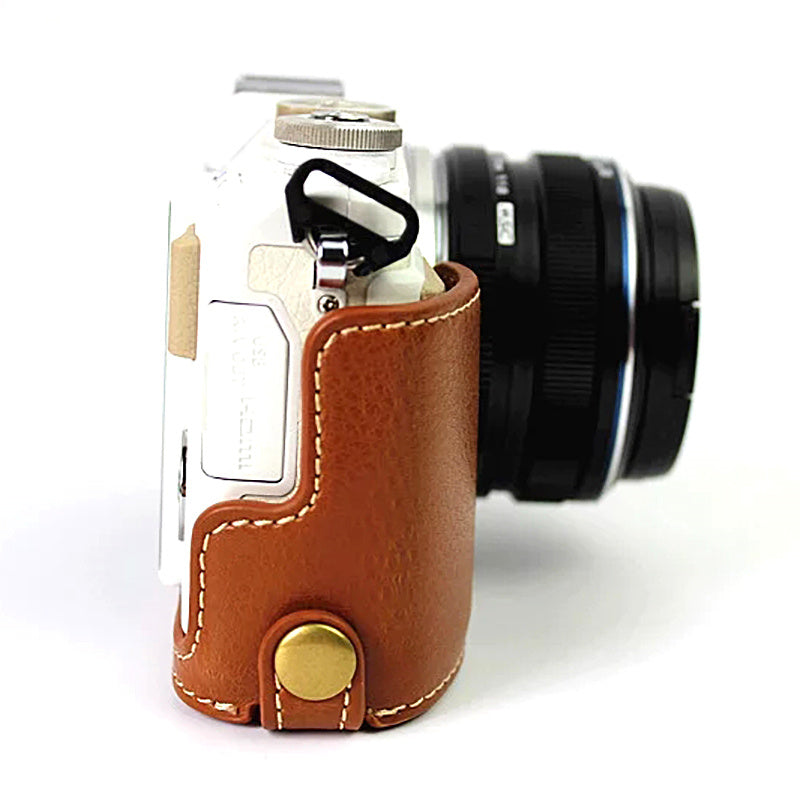 For Olympus E-PL7/PL8/PL9 Genuine Leather Camera Case Half Body Protective Cover with Bottom Opening