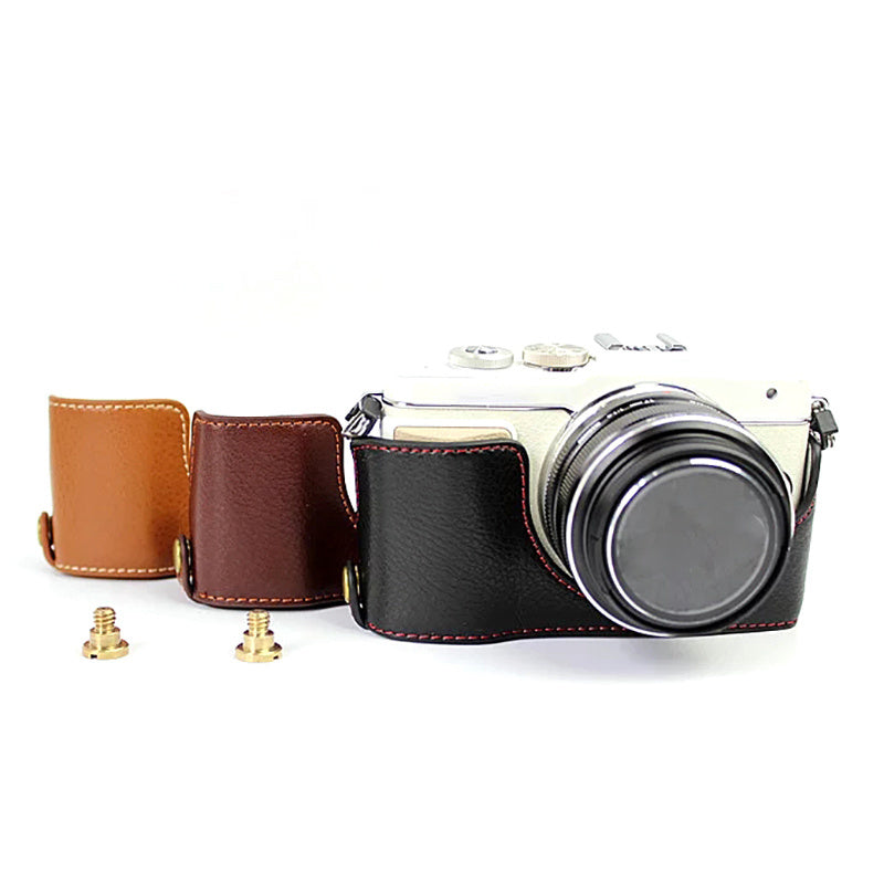 For Olympus E-PL7/PL8/PL9 Genuine Leather Camera Case Half Body Protective Cover with Bottom Opening