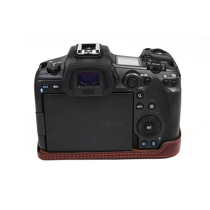 Top Layer Cowhide Camera Bottom Case for Canon EOS R5 / R6 Battery Opening Design Protective Half Body Cover