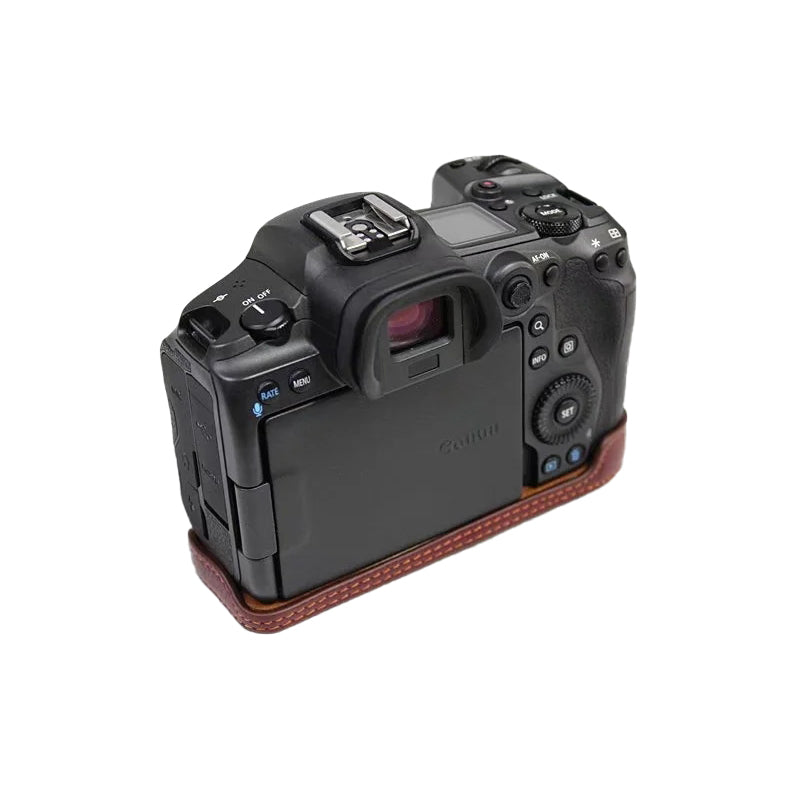 Top Layer Cowhide Camera Bottom Case for Canon EOS R5 / R6 Battery Opening Design Protective Half Body Cover