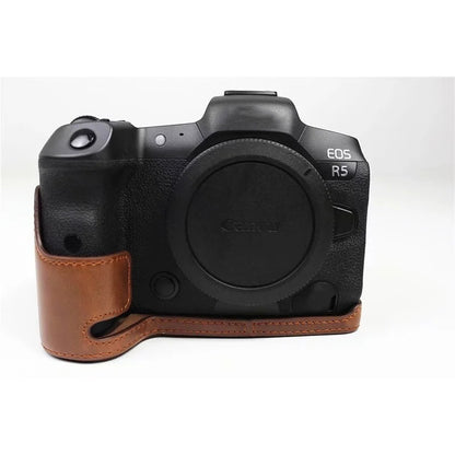 For Canon EOS R5 / R6 PU Leather Camera Bottom Case Battery Opening Design Flannel Lining Protective Half Body Cover