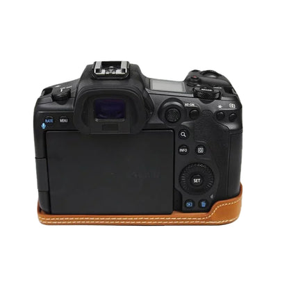 For Canon EOS R5 / R6 PU Leather Camera Bottom Case Battery Opening Design Flannel Lining Protective Half Body Cover