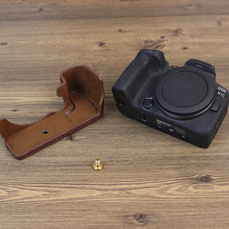 Genuine Leather Camera Bottom Case for Canon EOS R10, Anti-dust Camera Half Body Cover