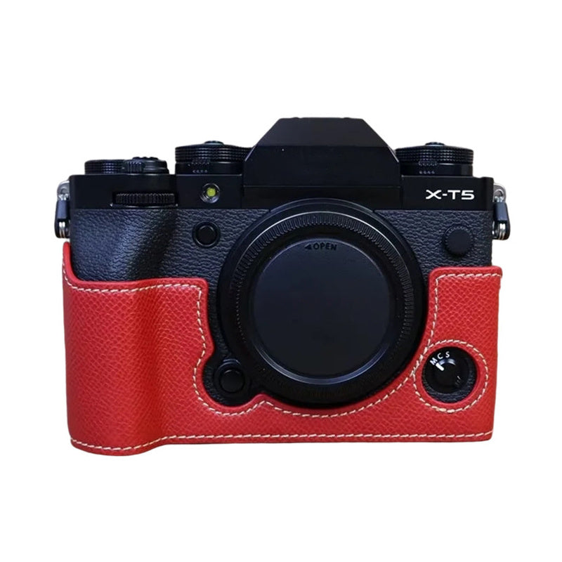 For Fujifilm X-T5 Camera PU Leather Protective Case Battery Opening Design Half Body Cover with Hand Strap