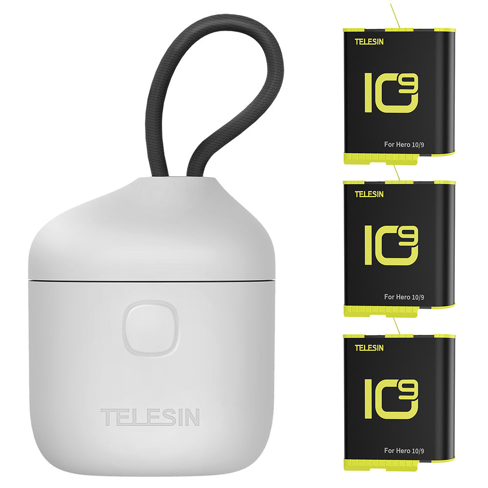 TELESIN GP-BTR-906-GY-B For GoPro Hero 10/9 Allin Box Charger with 3 Batteries IP54 Waterproof Charging Case Support High-speed 20Mb/s Transmission (Arc Battery)