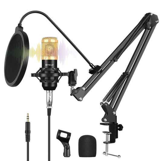 PULUZ PU612B Professional Studio Condenser Microphone USB Sound Card Set with Folding Arm Stand/Shock Mount for Live Streaming Recording Songs