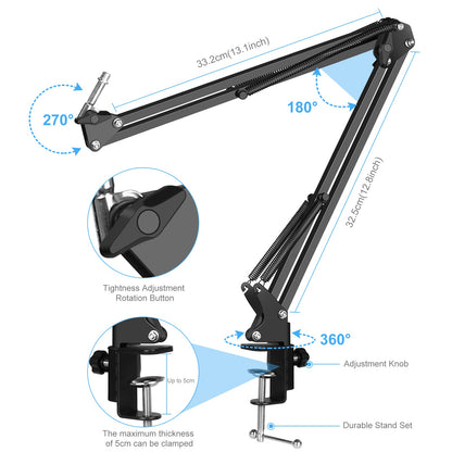 PULUZ PU612B Professional Studio Condenser Microphone USB Sound Card Set with Folding Arm Stand/Shock Mount for Live Streaming Recording Songs