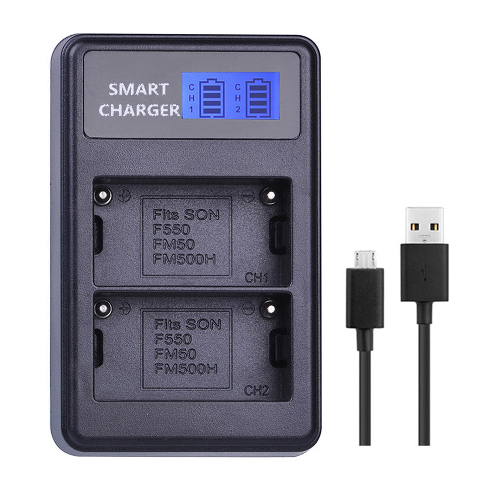 F550 For Sony NP-FM500H / NP-FM50 / NP-F550 Intelligent LCD Display Camera Battery Charger USB Cable Dual-Slot Charger