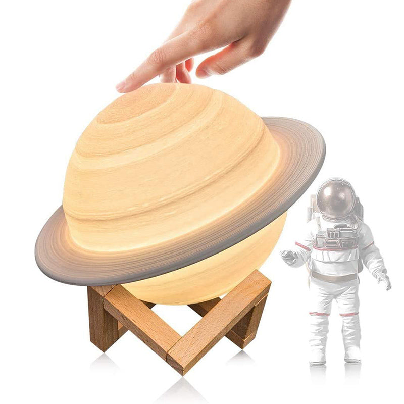 13cm Saturn Lamp with Wood Stand 16 Colors LED 3D Print Decor USB Rechargeable Remote & Touch Control Nursery Night Light