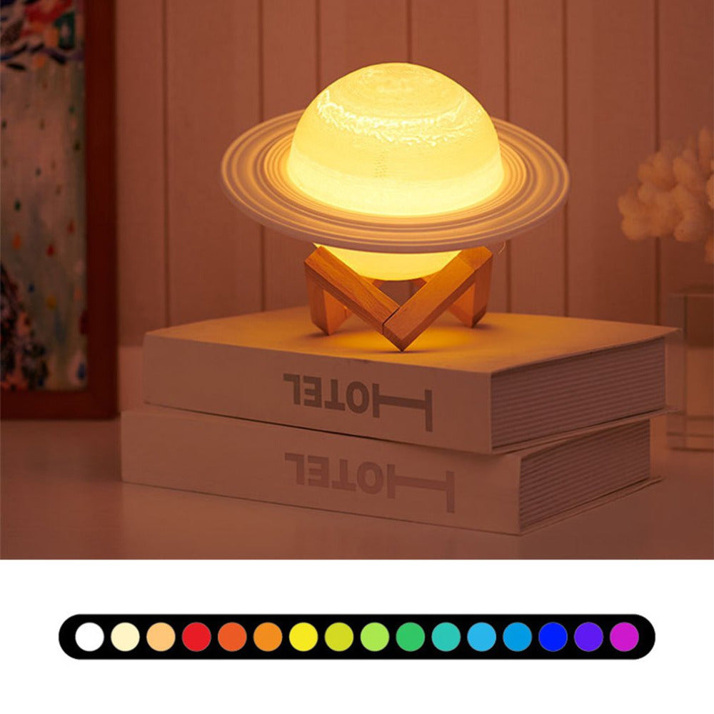 13cm Saturn Lamp with Wood Stand 16 Colors LED 3D Print Decor USB Rechargeable Remote & Touch Control Nursery Night Light