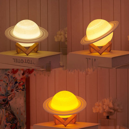 13cm Saturn Lamp with Wood Stand 16 Colors LED 3D Print Decor USB Rechargeable Remote & Touch Control Nursery Night Light