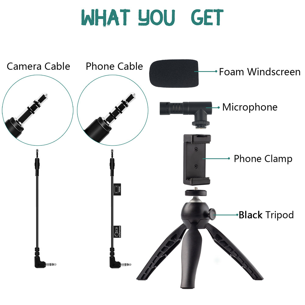 ADAI VK-01 Microphone with Handheld Tripod Phone Clamp Set for 3.5mm Audio Equipment