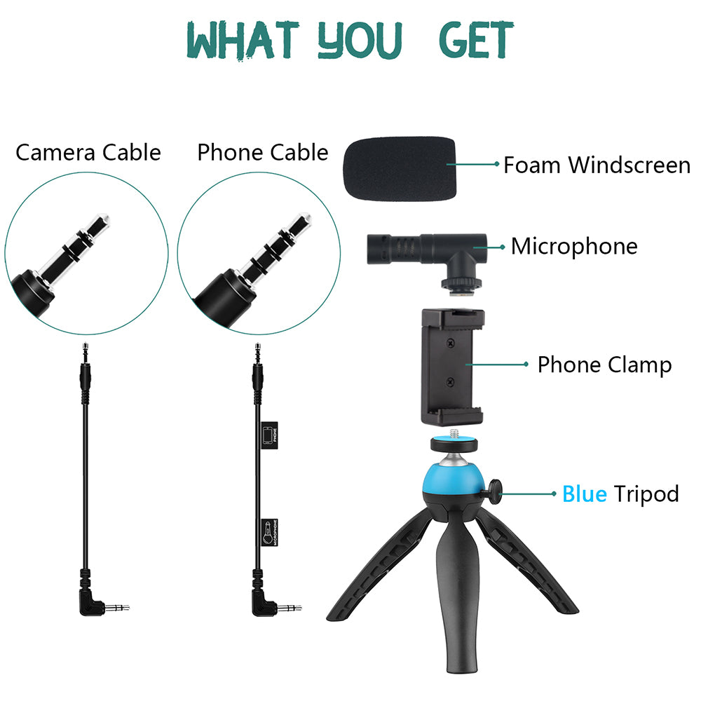 ADAI VK-01 Microphone with Handheld Tripod Phone Clamp Set for 3.5mm Audio Equipment