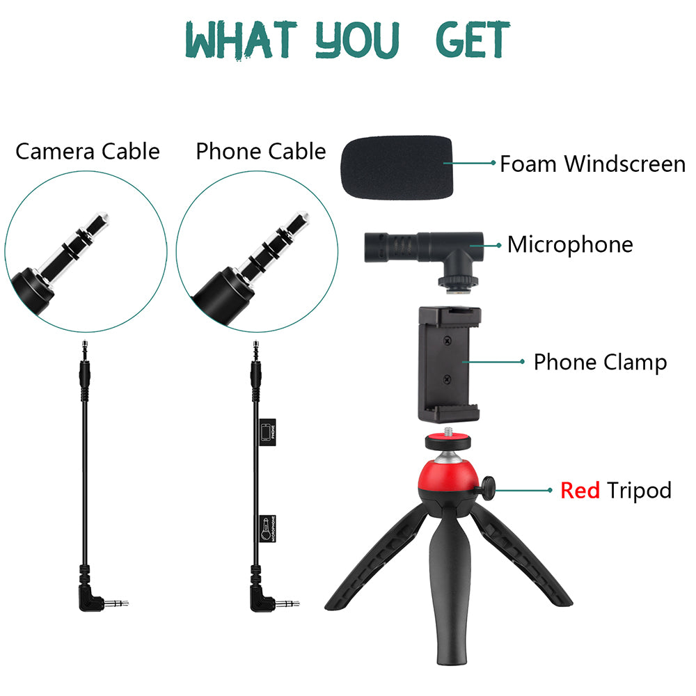 ADAI VK-01 Microphone with Handheld Tripod Phone Clamp Set for 3.5mm Audio Equipment