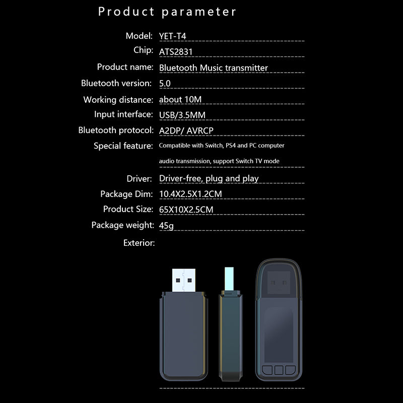 T4 5.0 USB/AUX Dual-Output Bluetooth Transmitter Plug and Play Speaker Wireless Audio Adapter Support Connecting Two Pairs Headset