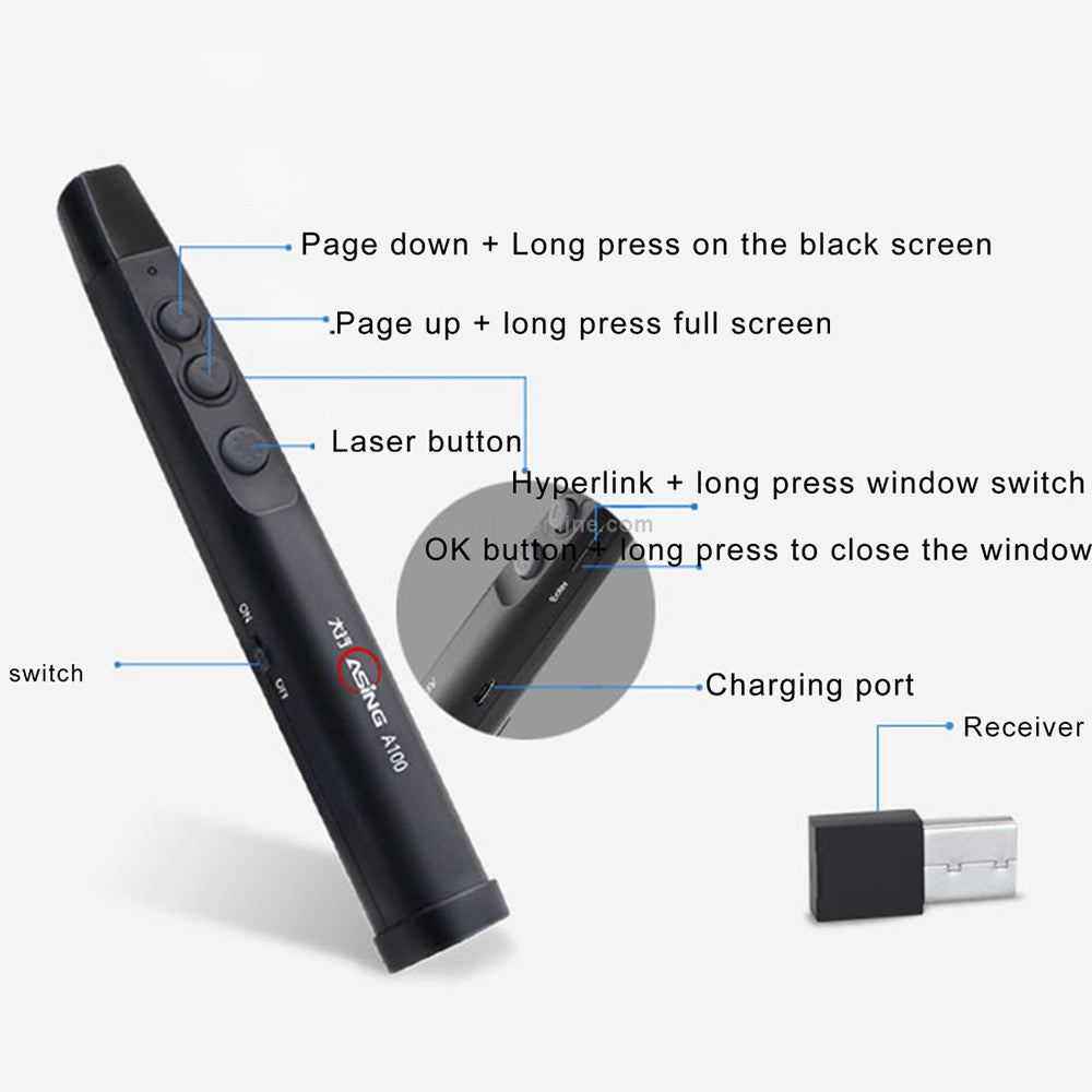 ASING A100 Wireless Lecture Presentation Remote Control Pointer Red Laser PPT Page Turning Pen