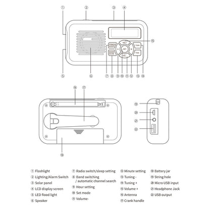 XLN-296 Outdoor Portable Solar Radio Hand-Cranked Flashlight Emergency Charger Power Bank for Mobile Phone