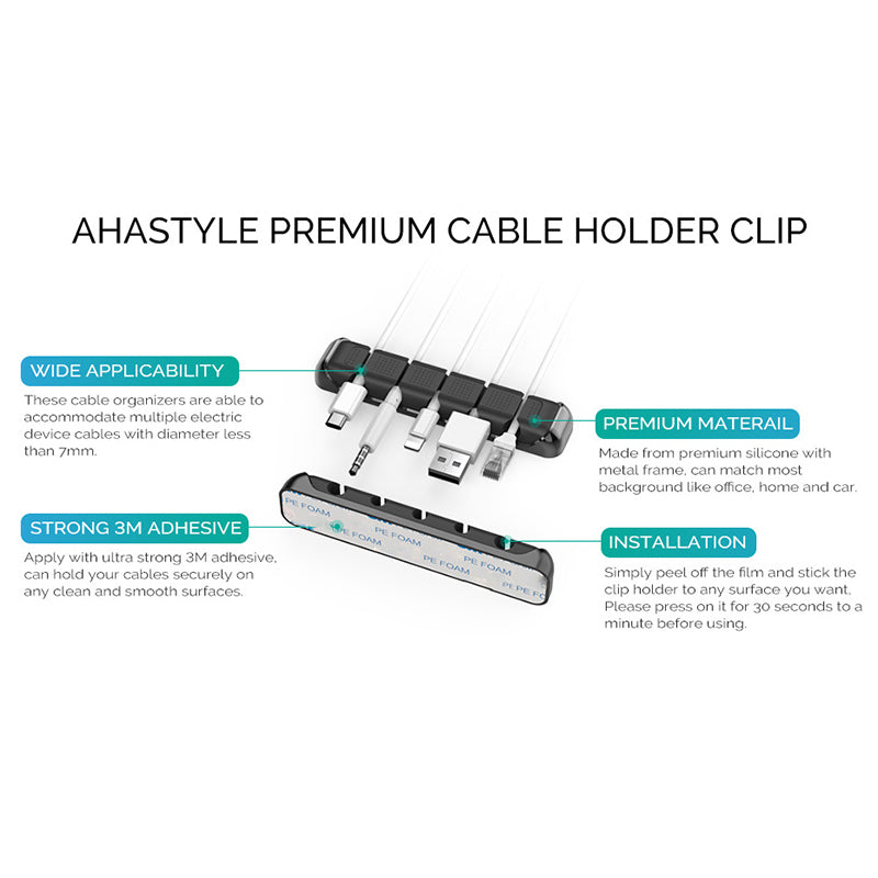 AHASTYLE PT125 Aluminum Alloy+Silicone Cord Organizer Charger Cable Management 5-Slot Cable Holder for Home Office Desk