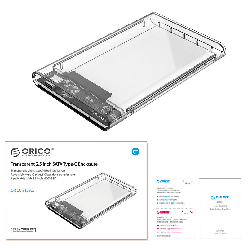 ORICO 2139C3 USB 3.1 Gen1 Type-C to SATA III 2.5" Transparent External Hard Drive Enclosure for 2.5 inch SATA Type-C HDD/SSD