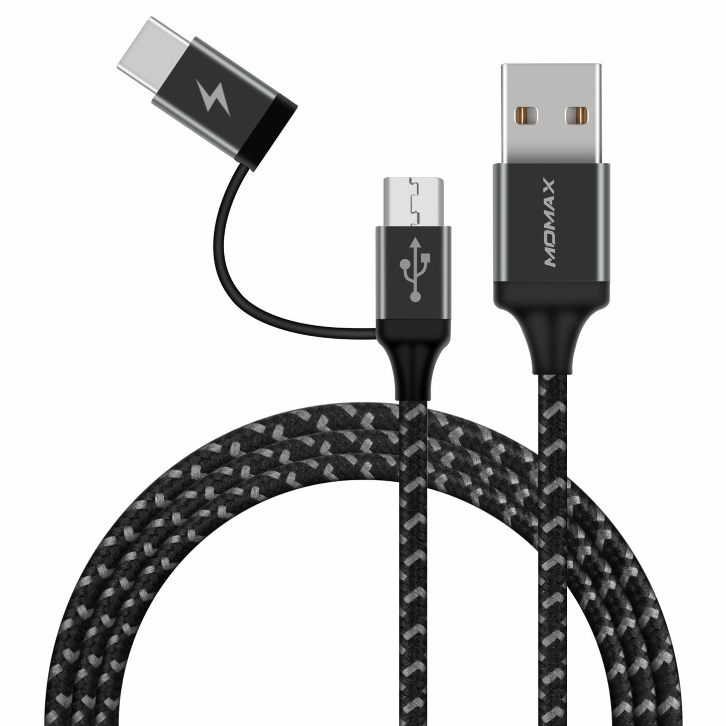 MOMAX ZERO 1m Micro USB + Type-C Sync Nylon Braided Charging Data Cable