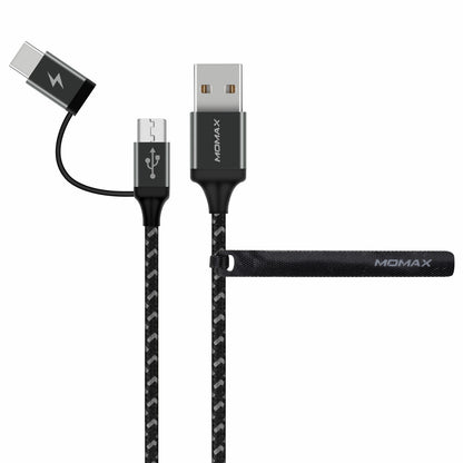 MOMAX ZERO 1m Micro USB + Type-C Sync Nylon Braided Charging Data Cable