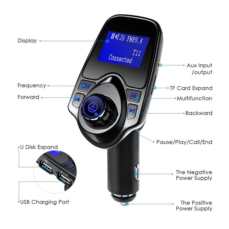 T11 Bluetooth Car Kit MP3 Music Player Adapter FM Transmitter Dual USB Charger Support U-disk/TF/AUX (CE/FCC/RoHS)