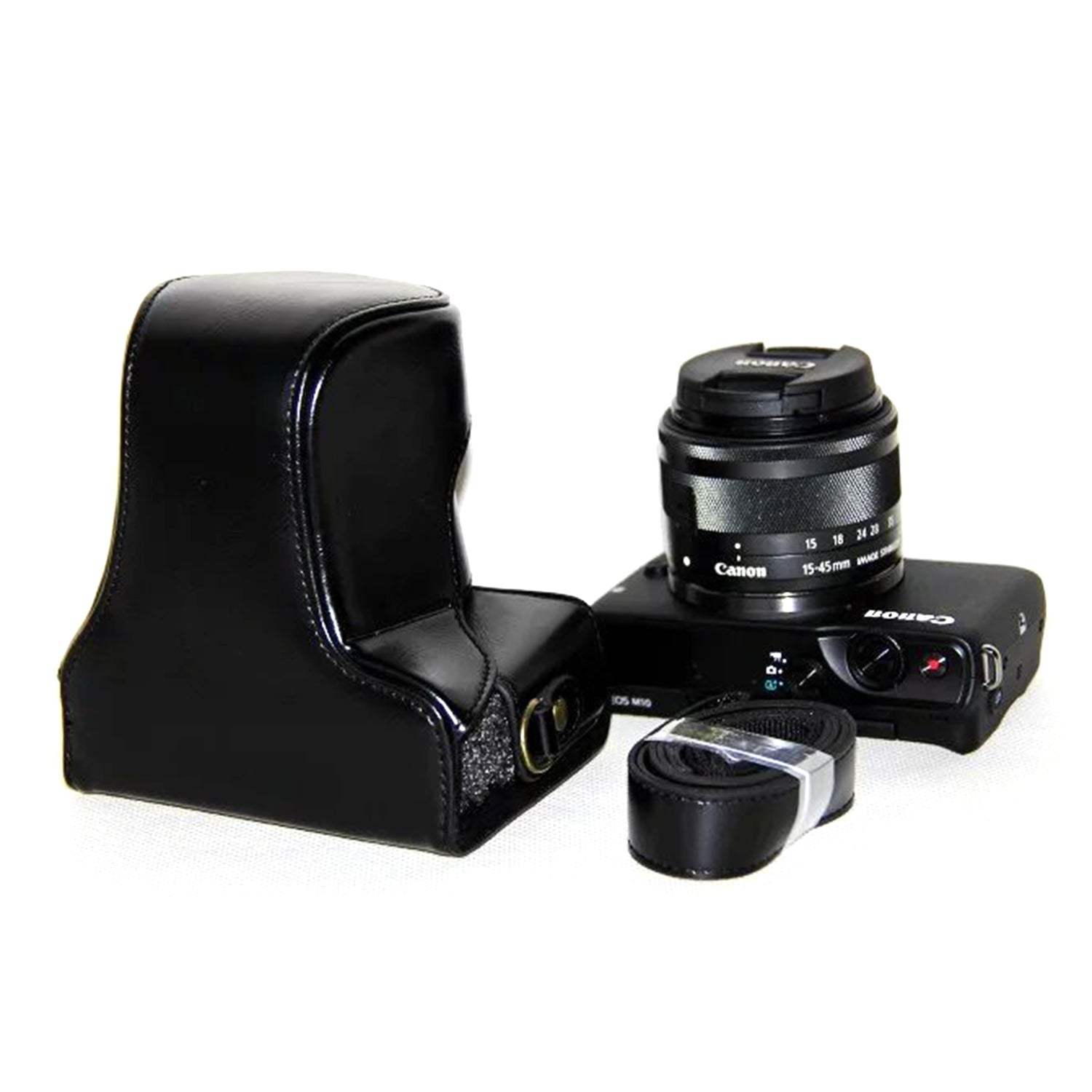 PU Leather Protector Case + Strap for Canon EOSM/EOSM2/EOSM 10 with 15-45mm Lens