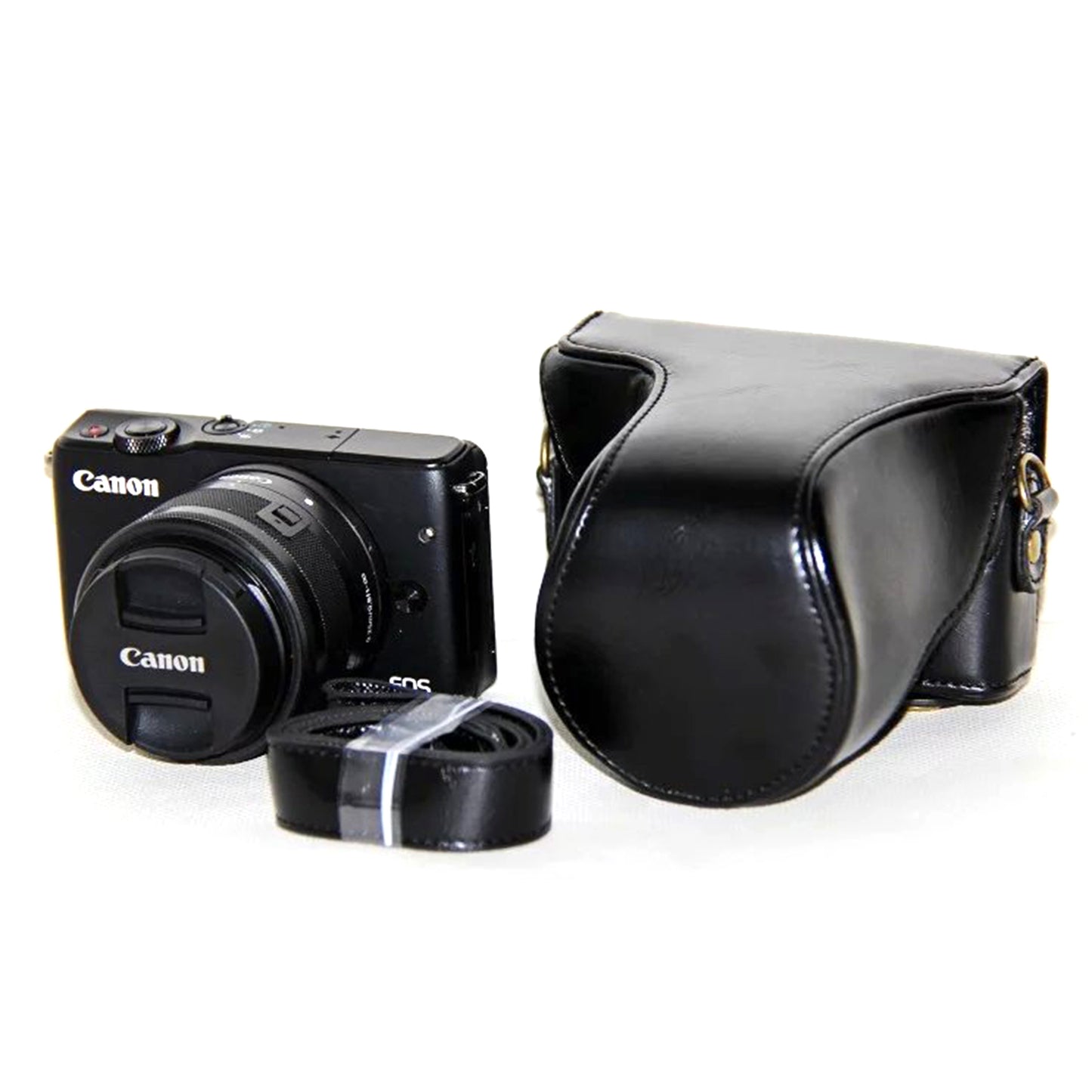 PU Leather Protector Case + Strap for Canon EOSM/EOSM2/EOSM 10 with 15-45mm Lens