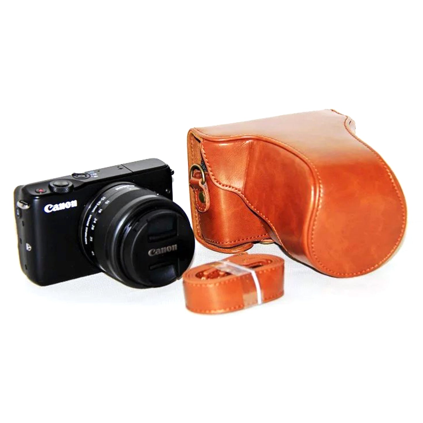 PU Leather Protector Case + Strap for Canon EOSM/EOSM2/EOSM 10 with 15-45mm Lens