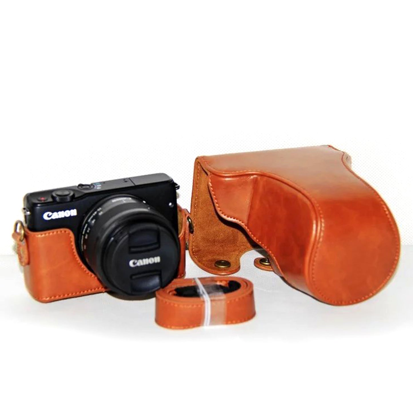 PU Leather Protector Case + Strap for Canon EOSM/EOSM2/EOSM 10 with 15-45mm Lens