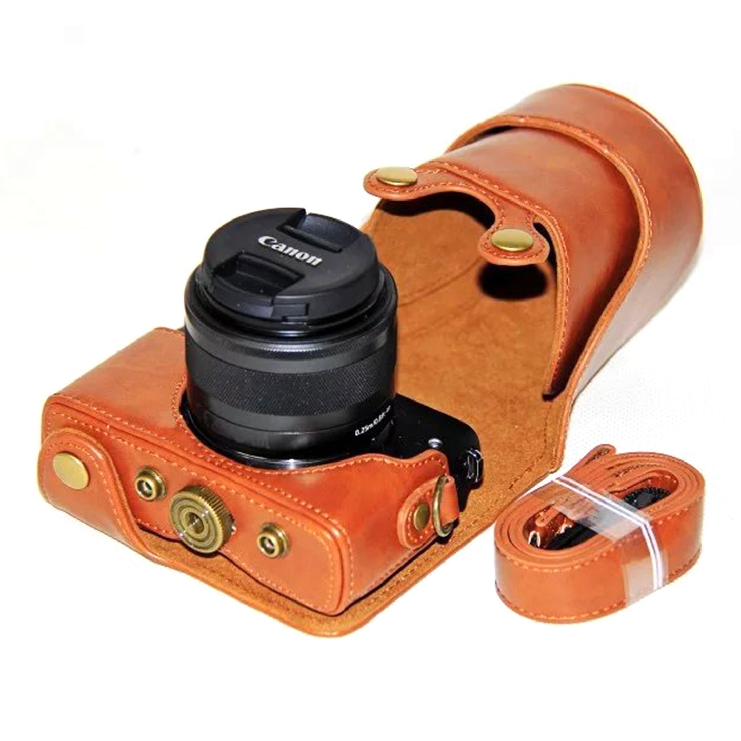 PU Leather Protector Case + Strap for Canon EOSM/EOSM2/EOSM 10 with 15-45mm Lens