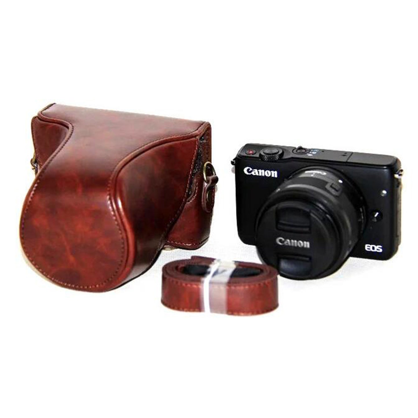 PU Leather Protector Case + Strap for Canon EOSM/EOSM2/EOSM 10 with 15-45mm Lens